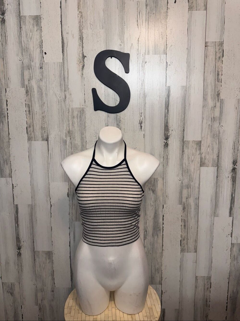 Très Bien Striped Ribbed Halter Neck Crop Top Womens S Black White Open Back